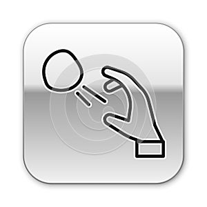 Black line Hooligan shooting small stones icon isolated on white background. Demonstrator. Silver square button. Vector