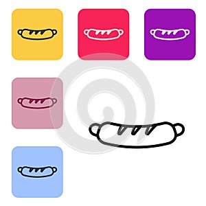 Black line Hotdog sandwich icon isolated on white background. Sausage icon. Fast food sign. Set icons in color square