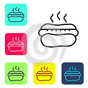 Black line Hotdog sandwich with mustard icon isolated on white background. Sausage icon. Fast food sign. Set icons in