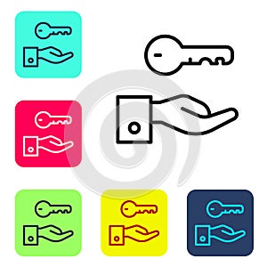 Black line Hotel door lock key icon isolated on white background. Set icons in color square buttons. Vector