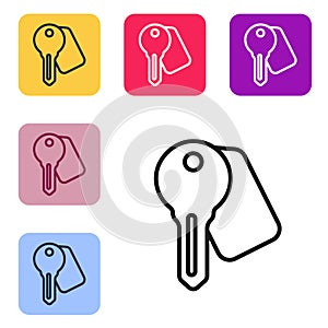 Black line Hotel door lock key icon isolated on white background. Set icons in color square buttons. Vector