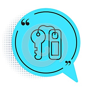 Black line Hotel door lock key with number tag icon isolated on white background. Blue speech bubble symbol. Vector