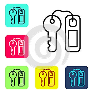 Black line Hotel door lock key with number tag icon isolated on white background. Set icons in color square buttons. Vector