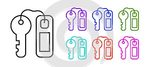 Black line Hotel door lock key with number tag icon isolated on white background. Set icons colorful. Vector