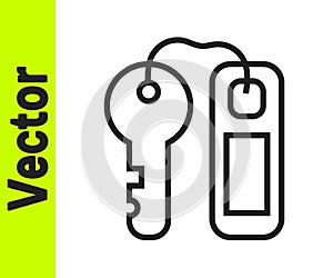 Black line Hotel door lock key with number tag icon isolated on white background. Vector