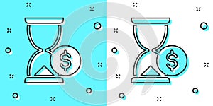 Black line Hourglass with dollar icon isolated on green and white background. Money time. Sandglass and money. Growth