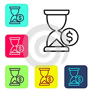 Black line Hourglass with dollar icon isolated on white background. Money time. Sandglass and money. Growth, income