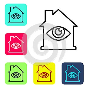 Black line House with eye scan icon isolated on white background. Scanning eye. Security check symbol. Cyber eye sign