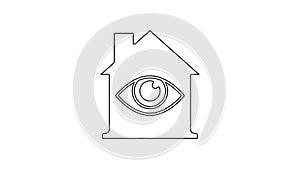 Black line House with eye scan icon isolated on white background. Scanning eye. Security check symbol. Cyber eye sign