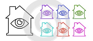 Black line House with eye scan icon isolated on white background. Scanning eye. Security check symbol. Cyber eye sign