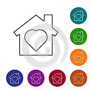 Black line House with heart inside icon isolated on white background. Love home symbol. Family, real estate and realty