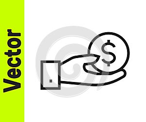 Black line Human hand giving money icon isolated on white background. Receiving money icon. Vector