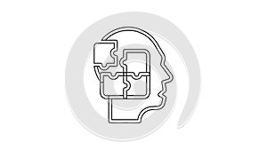 Black line Human head puzzles strategy icon isolated on white background. Thinking brain sign. Symbol work of brain. 4K