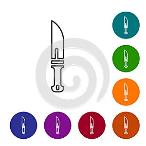 Black line Hunter knife icon isolated on white background. Army knife. Set icons in color circle buttons. Vector
