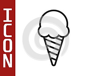 Black line Ice cream in waffle cone icon isolated on white background. Sweet symbol. Vector Illustration