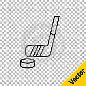 Black line Ice hockey stick and puck icon isolated on transparent background. Vector