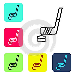 Black line Ice hockey stick and puck icon isolated on white background. Set icons in color square buttons. Vector