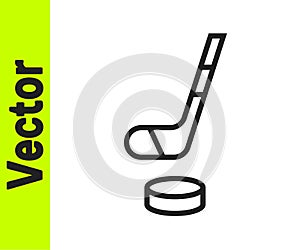 Black line Ice hockey stick and puck icon isolated on white background. Vector