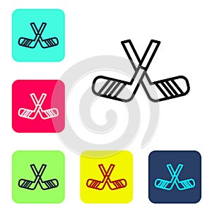Black line Ice hockey sticks icon isolated on white background. Set icons in color square buttons. Vector