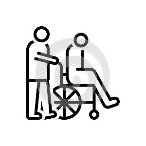 Black line icon for Caregivers, caretaker and wheelchair