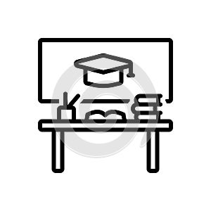 Black line icon for Educational, desk and book