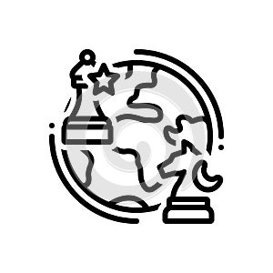 Black line icon for Geopolitics, chess and globe photo