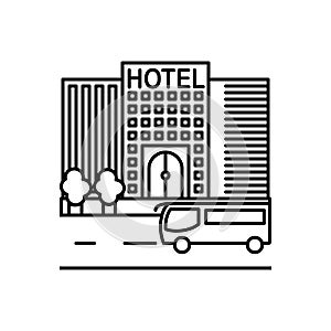 Black line icon for Hotel, check and building