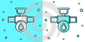 Black line Industry metallic pipe and valve icon isolated on green and white background. Random dynamic shapes. Vector