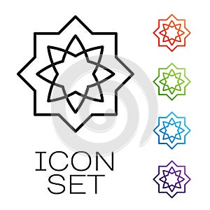 Black line Islamic octagonal star ornament icon isolated on white background. Set icons colorful. Vector