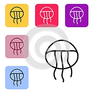 Black line Jellyfish icon isolated on white background. Set icons in color square buttons. Vector