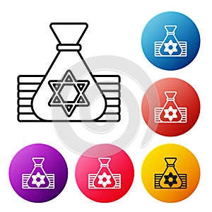 Black line Jewish money bag with star of david icon isolated on white background. Currency symbol. Set icons colorful