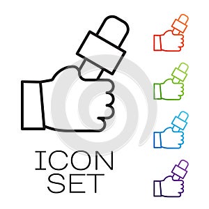 Black line Journalist hand holding microphones performing interview icon isolated on white background. Set icons