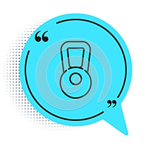 Black line Kettlebell icon isolated on white background. Sport equipment. Blue speech bubble symbol. Vector Illustration