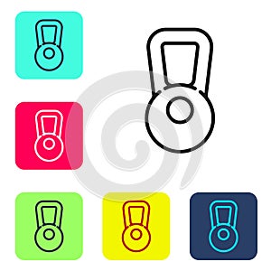 Black line Kettlebell icon isolated on white background. Sport equipment. Set icons in color square buttons. Vector