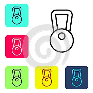 Black line Kettlebell icon isolated on white background. Sport equipment. Set icons in color square buttons. Vector