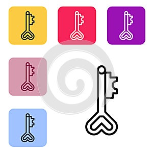 Black line Key in heart shape icon isolated on white background. 8 March. International Happy Women Day. Set icons in