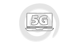 Black line Laptop with 5G new wireless internet wifi icon isolated on white background. Global network high speed