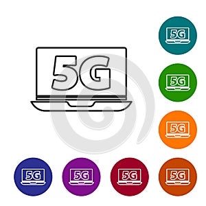 Black line Laptop with 5G new wireless internet wifi icon isolated on white background. Global network high speed