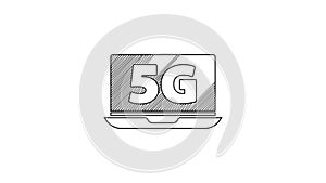 Black line Laptop with 5G new wireless internet wifi icon isolated on white background. Global network high speed