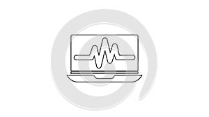 Black line Laptop with cardiogram icon isolated on white background. Monitoring icon. ECG monitor with heart beat hand