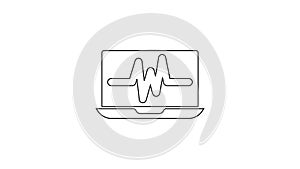 Black line Laptop with cardiogram icon isolated on white background. Monitoring icon. ECG monitor with heart beat hand