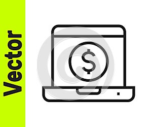 Black line Laptop with dollar icon isolated on white background. Sending money around the world, money transfer, online