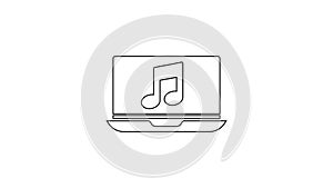 Black line Laptop with music note symbol on screen icon isolated on white background. 4K Video motion graphic animation