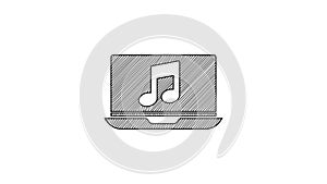 Black line Laptop with music note symbol on screen icon isolated on white background. 4K Video motion graphic animation