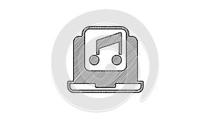 Black line Laptop with music note symbol on screen icon isolated on white background. 4K Video motion graphic animation