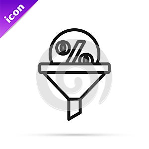 Black line Lead management icon isolated on white background. Funnel with discount percent. Target client business