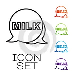Black line Lettering milk icon isolated on white background. Hand written design for label, brand, badge. Set icons