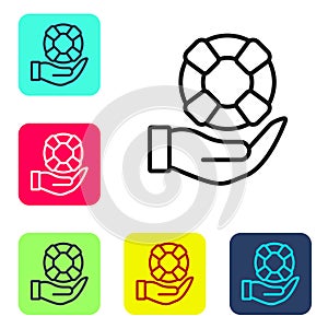 Black line Lifebuoy in hand icon isolated on white background. Lifebelt symbol. Set icons in color square buttons