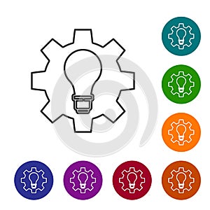 Black line Light bulb and gear icon isolated on white background. Innovation concept. Business idea. Set icons in color