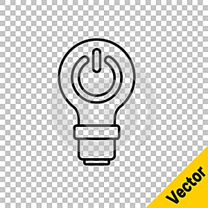 Black line Light bulb with lightning symbol icon isolated on transparent background. Light lamp sign. Idea symbol